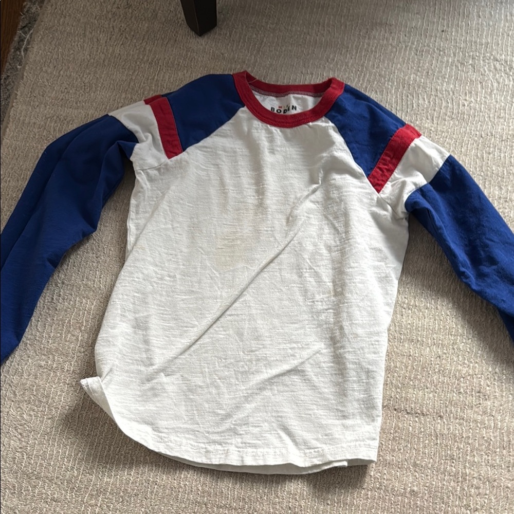 Kids Mini Boden Raglan Long Sleeve Shirt - White, Blue, and Red